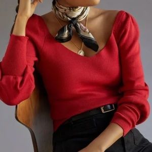 Anthropologie red sweetheart sweater with puff sleeves. Size: Large